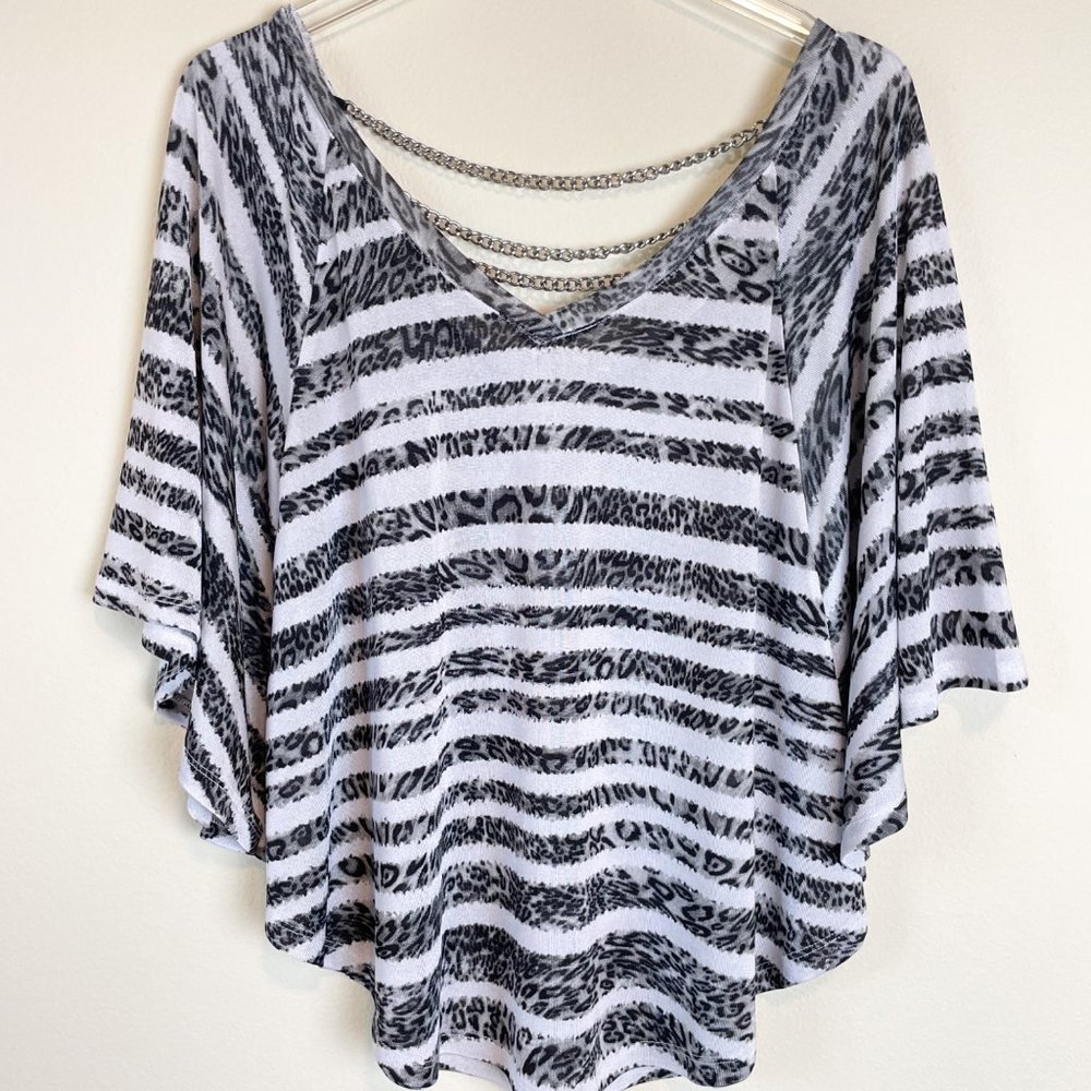 Cache Top Vintage 90s Batwing Silver Chain Detailed Animal Print Shirt M